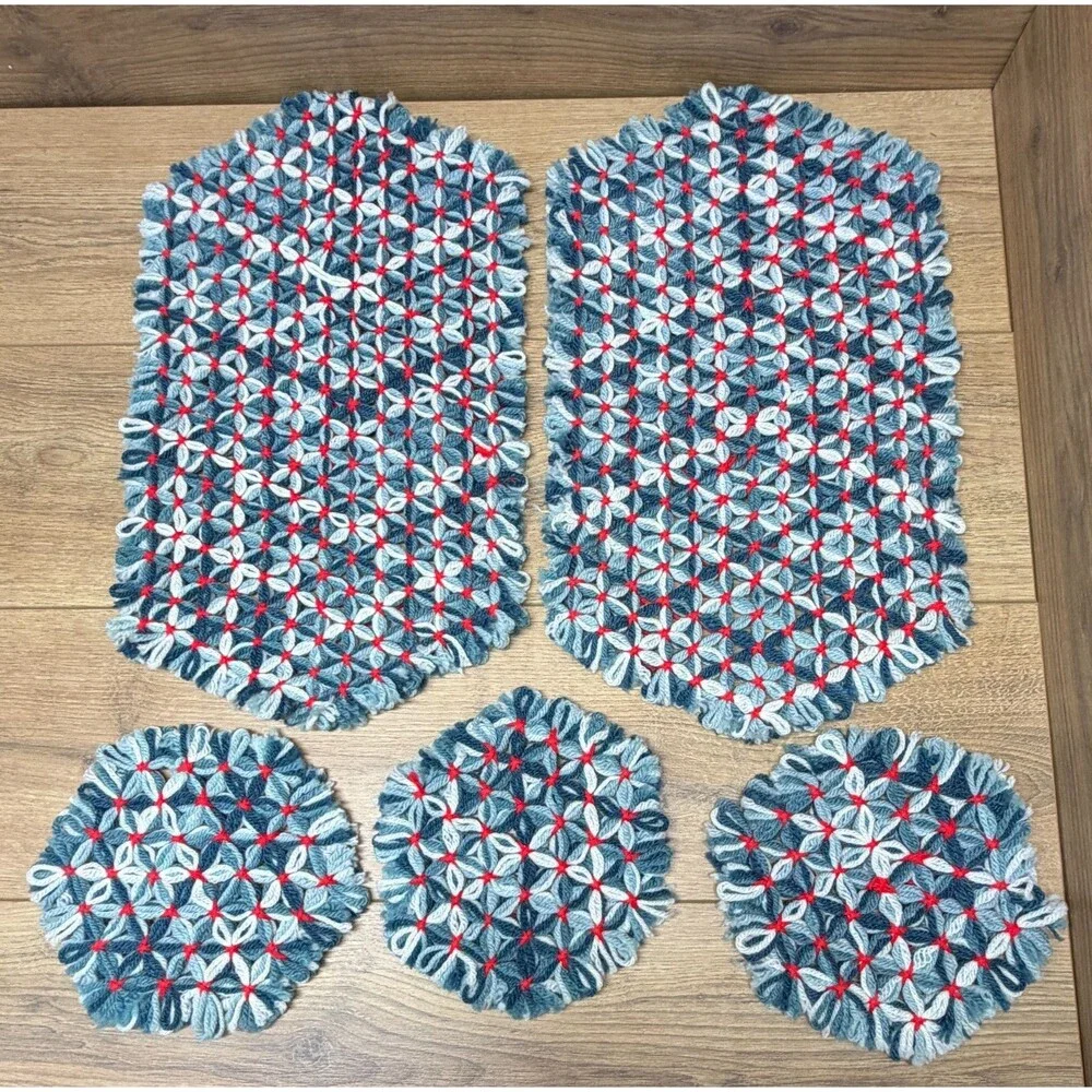 Vintage Hand Crocheted Placemats & Pot Holders Red, White & Blue - Lot of 5 Pcs